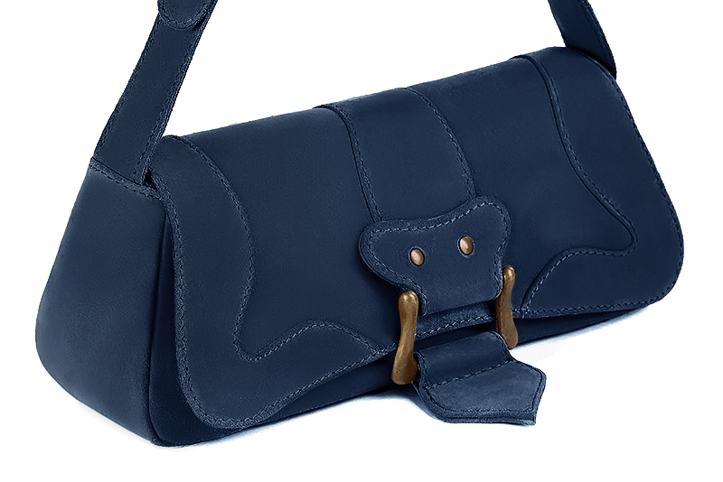 Navy blue women's dress handbag, matching pumps and belts. Front view - Florence KOOIJMAN